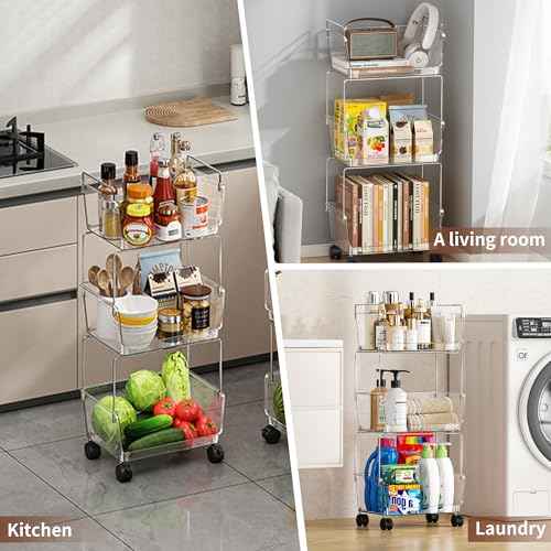 3-Tier Rolling Cart with Wheels, Clear Bathroom Storage Cart with Lockable Wheels, PET Utility Cart for Kitchen, Bedroom, Office,Snack, Makeup - Multifunctional Storage Easy to Assemble