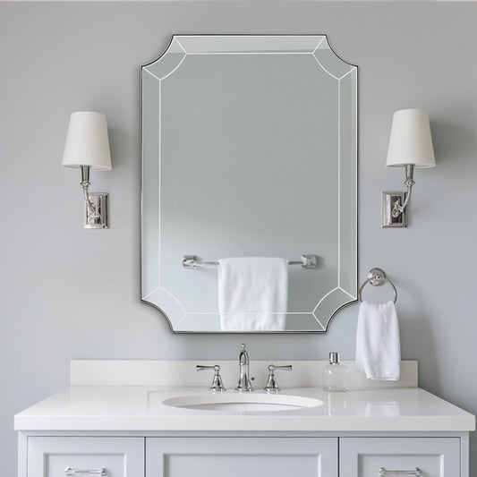 Andy Star Brushed Nickel Mirror, 22x30 Scalloped Bathroom Mirror, Silver Vanity Mirror in Anti-Rust Stainless Steel, Notched Mirrors with Delicate Tessellated Glass, Wall-Mounted Horizontal/Vertical