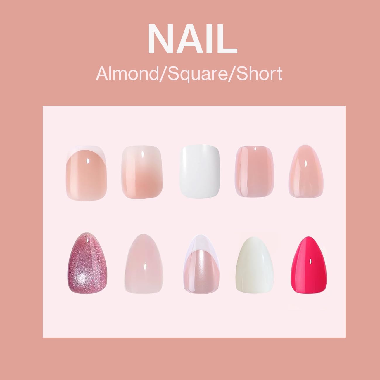 ESLALA French Tip Press On Nails, Short Squoval Fake Nails,Glossy Pink with White Tip Design, Reusable Stick On Fake Nails with Glue | 16 Sizes - 32 Nail Kit(01-Squoval French tip)