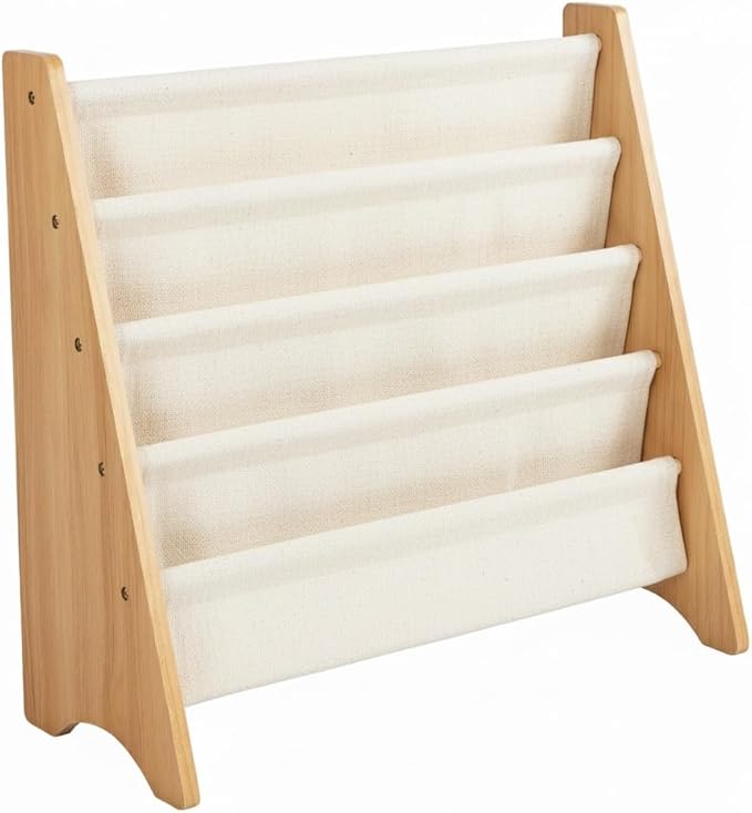 Humble Crew 4-Tier Kids Bookshelf, Natural/White - Premium Book Shelf for Kids Rooms with Four Deep Pockets - Toddler Sling Book Rack with Deep Sleeves, Nursery Bookcase Organizer