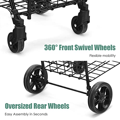 Folding Shopping Cart, Double Basket Supermarket Cart with Adjustable Wide Cushion Handle Bar and Swivel Wheels, Suitable for Grocery Book Luggage Travel Laundry, Large Utility Carts (Black)