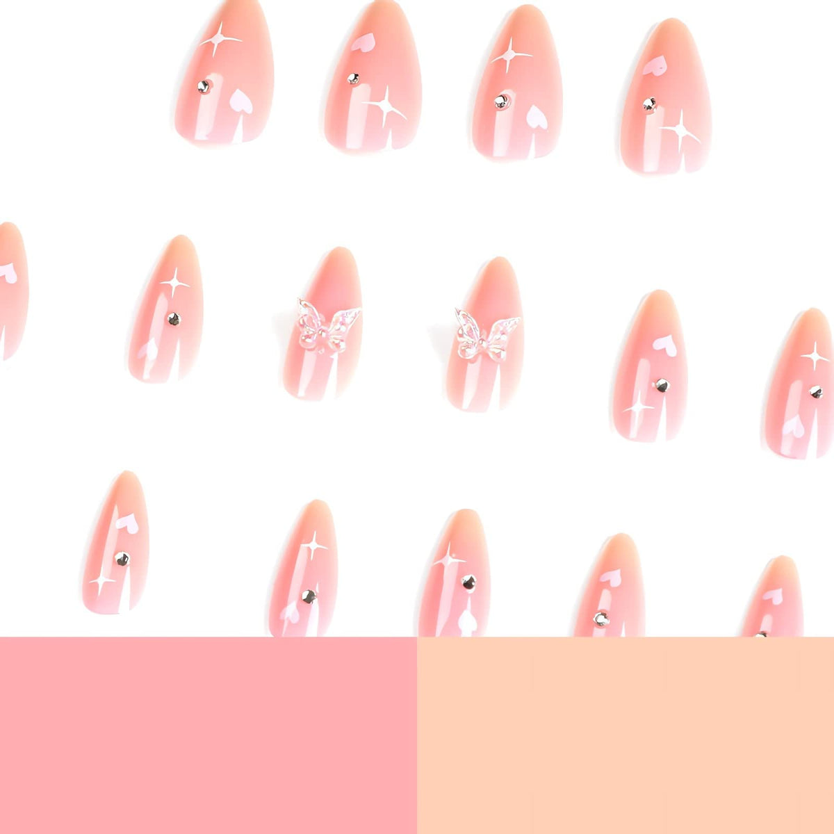 IMSOHOT Almond Press on Nails Pink Medium Fake Nails Stiletto Butterfly Rhinestone False Nails with Designs Glossy Full Cover Acrylic Glue on Nails for Women 24pcs