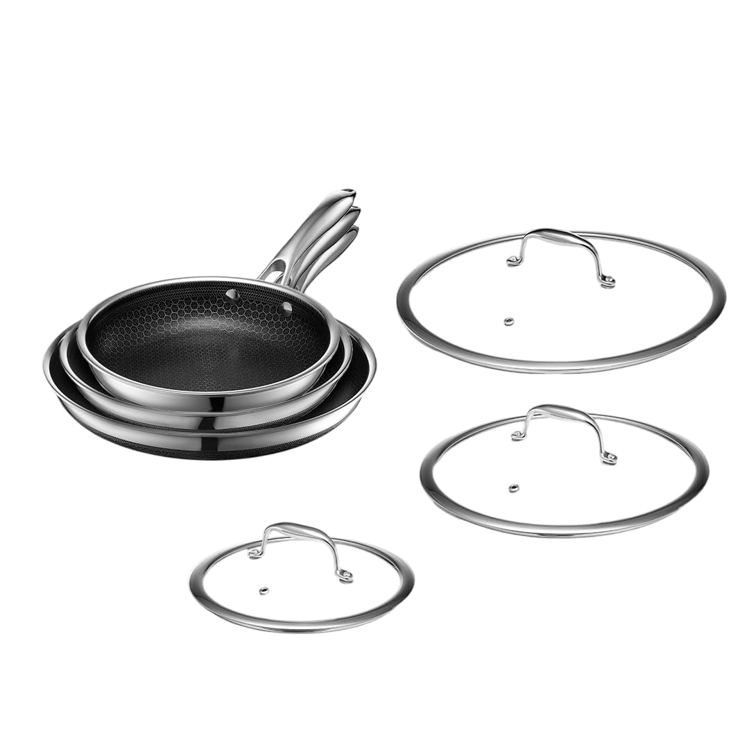 HexClad Hybrid Nonstick 14-Piece Cookware Set, 8", 10", and 12" Pans with Lids, 2, 3, and 8Qt Pots with Lids, and 2 Silicone Trivets, Stay-Cool Handles, Dishwasher and Oven-Safe, Induction Ready