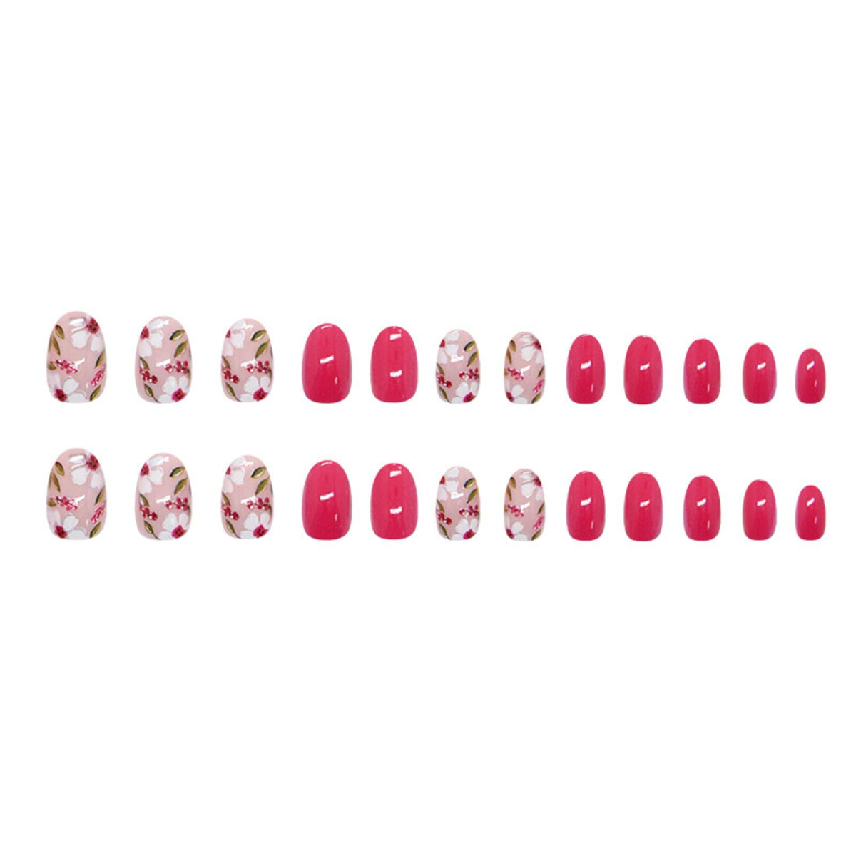 Floral Medium Oval Press on Nails Hot Pink Base White Floral Accents Green Leaf Details Glossy Finish Reusable Spring Nails Easy Apply Fashion Party Wear Durable Trendy Women Girls Nail Art 24 Pcs