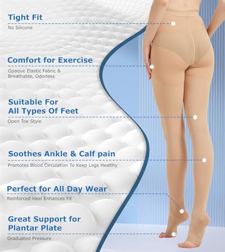 MGANG Medical Compression Pantyhose for Women & Men, 15-20mmHg Graduated Compression Support Tights, Open Toe, Opaque Waist High Compression Stockings for Edema, Varicose Veins, Flight, DVT, Beige XL