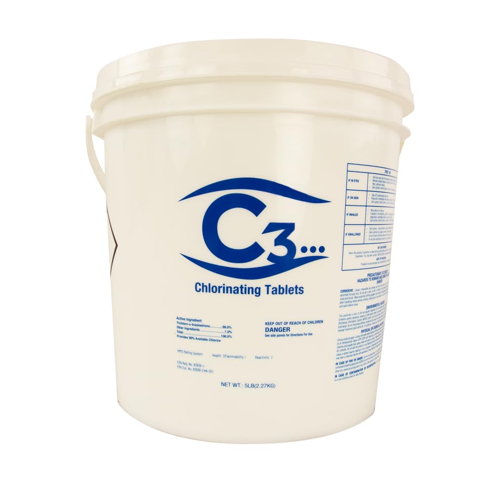 C3... 3" Stabilized Chlorine Tablets for Swimming Pools | Easy to Use | for Above Ground or Inground Pool | Individually Wrapped Chlorinating Tabs | Slow Dissolving | 5 lbs