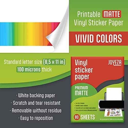 JOYEZA Premium Printable Vinyl Sticker Paper for Inkjet Printer - 80 Sheets Matte White Waterproof, Dries Quickly Vivid Colors, Holds Ink Well- Tear Resistant - Inkjet & Laser Printer