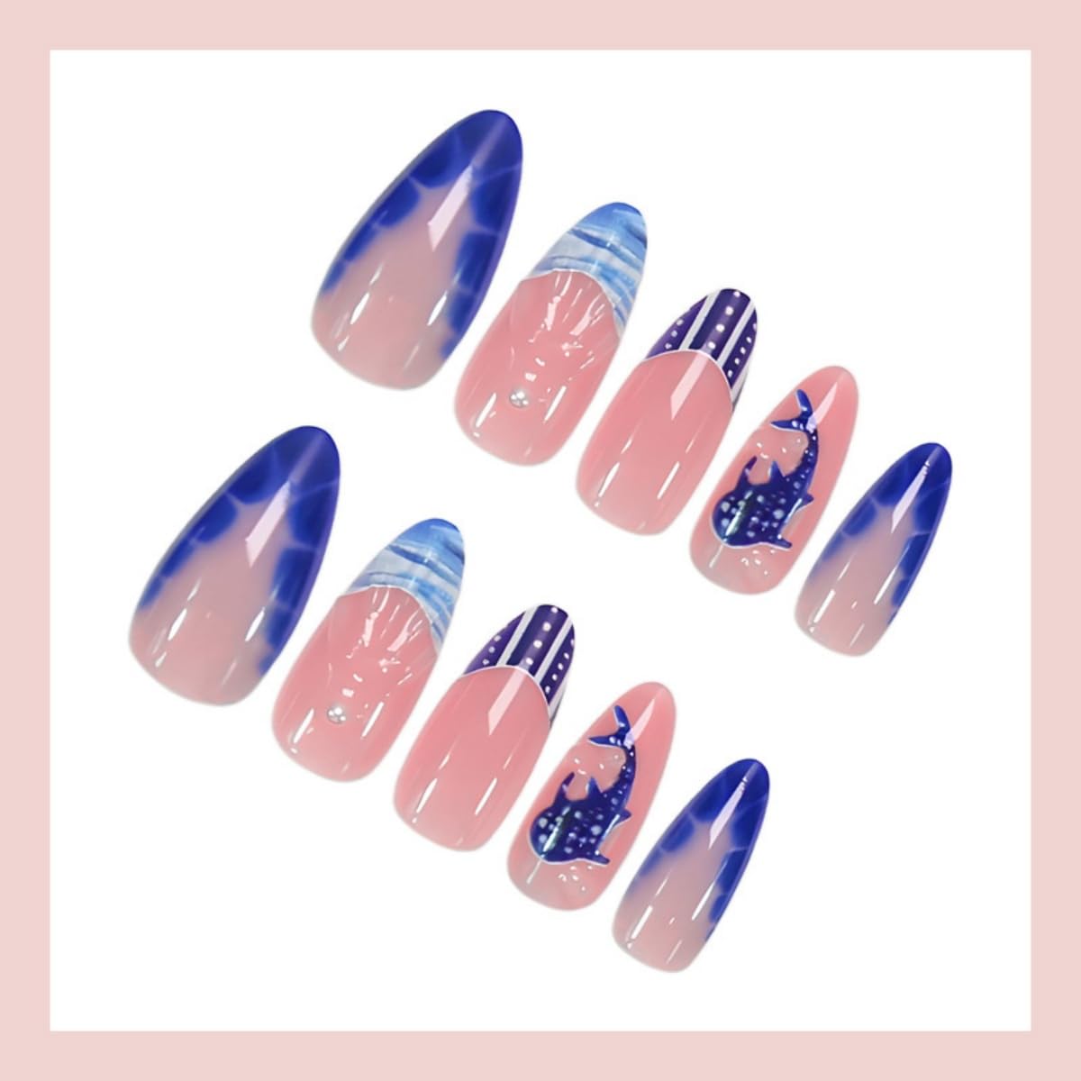 Blue French Tip Press on Nails Long Stiletto Fake Nails with Whale Shark Pearl Design Stick on Nails 3D Water Ripple False Nails Summer Acrylic Glue on Nail for Women Nail Art Decoration 24Pcs