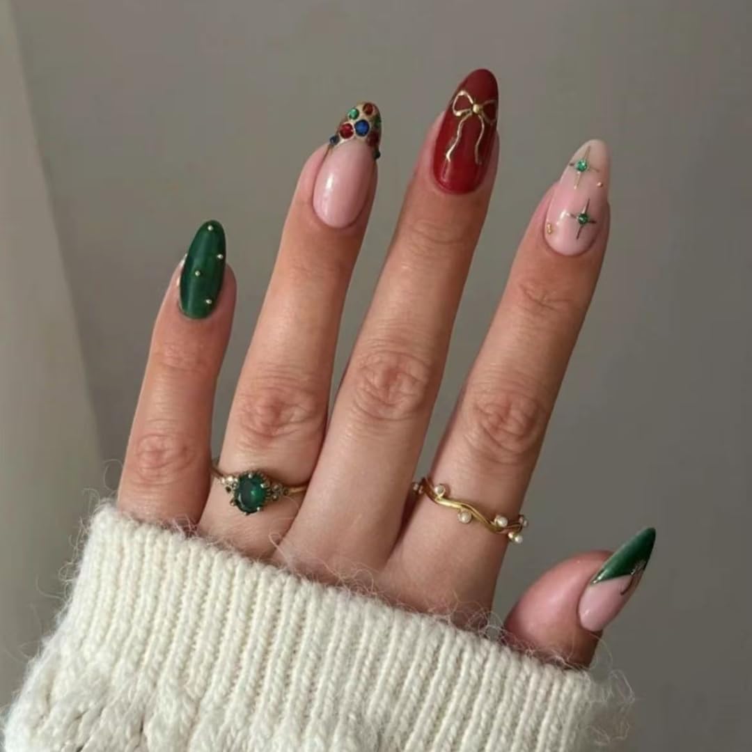 Handmade French tip Press on Nails style Almond with Glue Stick on Nails for Women Manicure Decoration Christmas metal bow 10PCS (MT-143-M)
