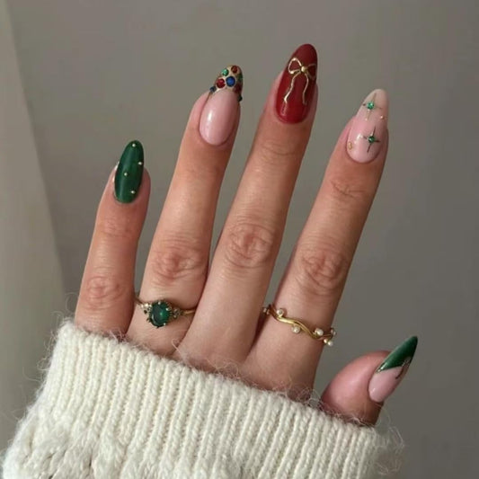 Handmade French tip Press on Nails style Almond with Glue Stick on Nails for Women Manicure Decoration Christmas metal bow 10PCS (MT-143-M)