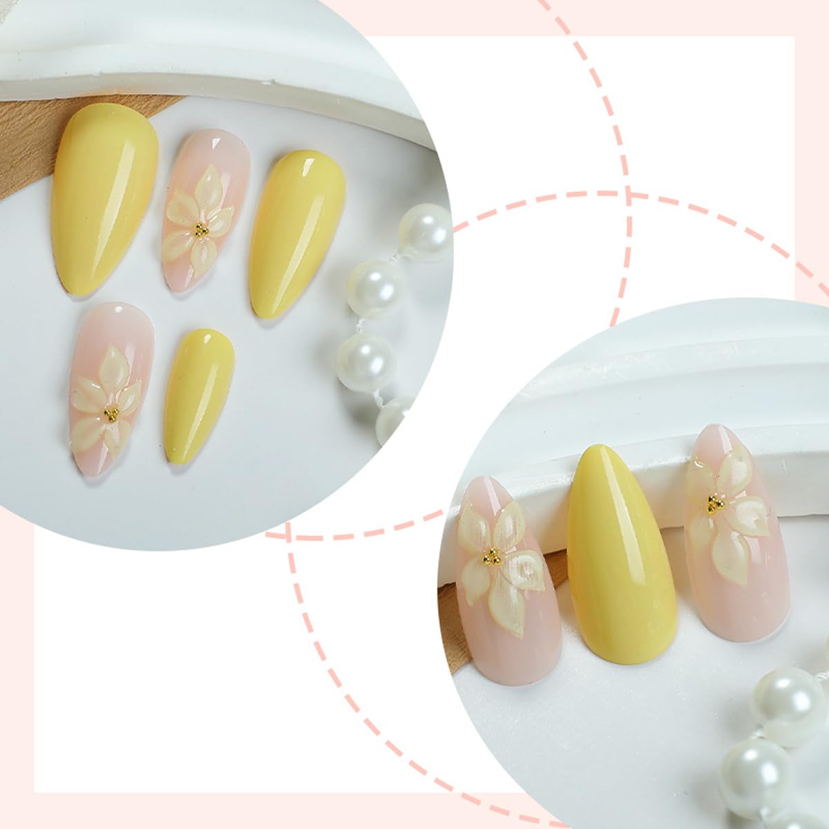 Yellow Press on Nails Medium Almond Fake Nails Flower Nails Press ons with Design Full Cover Stick on Nails for Women Manicure,Reusable | Artificial | Nail Sticky Tabs | Easy Apply | 24Pcs