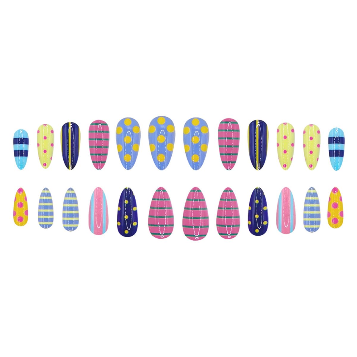 Colorful Press on Nails Medium Almond, Cute Summer Fake Nails with Stripe & Polka Dot Design, Cute Acrylic Nails Press ons Reusable Full Cover Glue on Nails for Women Girls Manicure 24Pcs