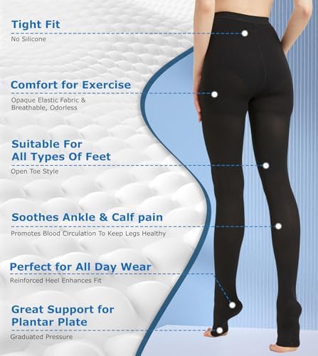 MGANG Medical Compression Pantyhose for Women & Men, 15-20mmHg Graduated Compression Support Tights, Open Toe, Opaque Waist High Compression Stockings for Edema, Varicose Veins, Flight, DVT, Black M