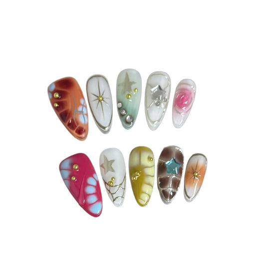 10Pcs Medium Almond Handmade Press On Nails | Easy Apply & Remove, Reusable Salon Quality Nails | Y2K Punk Multicolor Fake Nails with 3D Floral, Star & Gold Bead Accents (5U01, M)