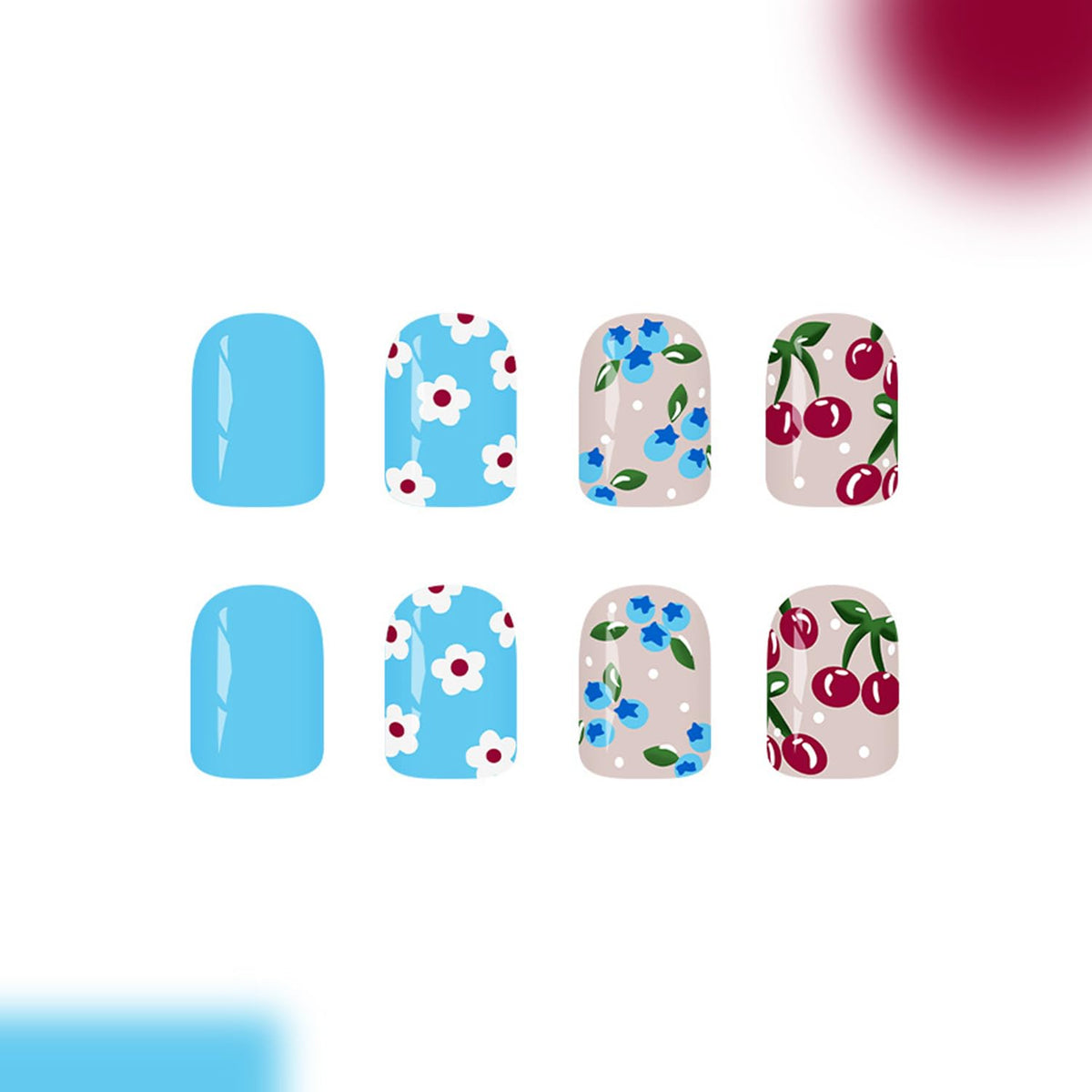 Spring Press on Nails Short Square Fake Nails with Blueberry Cherry White Flower Designs Spring Summe Nails Press ons Glossy Blue False Nails Nude Full Cover Glue on Nails for Women
