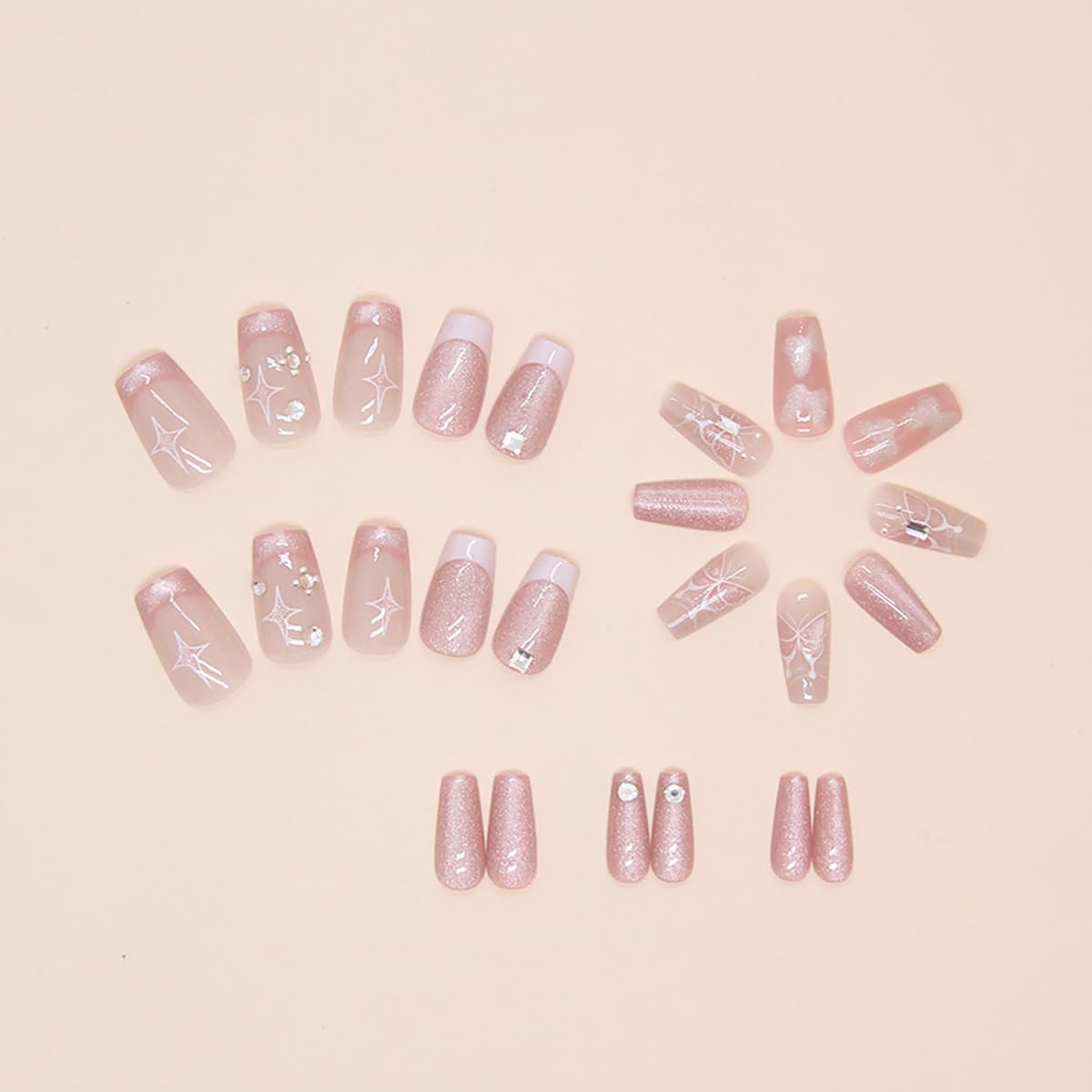 24Pcs Pink Press on Nails Short Coffin Fake Nails Butterfly Star with Rhinestones Design Full Cover Glue on Nails Artificial French Tip False Nails Glitter Stick on Nails for Women Girls Acrylic Nail