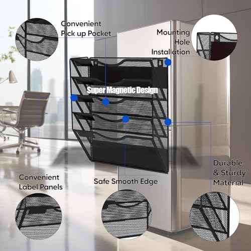 5-Tier Magnetic File Holder, No Drilling Installation File Cabinet Organizer, Black Magnetic File Organizer, Magazine Rack, Magnetic Paper Holder for Refrigerator, File Cabinets, Whiteboard