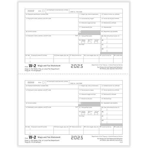 W2 Forms 2025 Income Set with envelopes, 6 Part 50 Employees Legal Laser Tax Forms kit and 6 W3s Transmittal Forms with 50 Self Seal Envelopes, Great for QuickBooks and Accounting Software