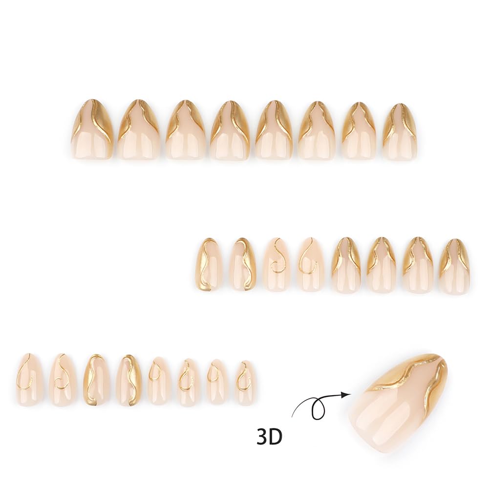Hrnsnails Nails Press on, Short Almond Press On Nails Nude Fake Nails with Glod French Tip Summer Nails 3D Design, Acrylic Artificial False Nails Press Ons Stick On Nails for Women