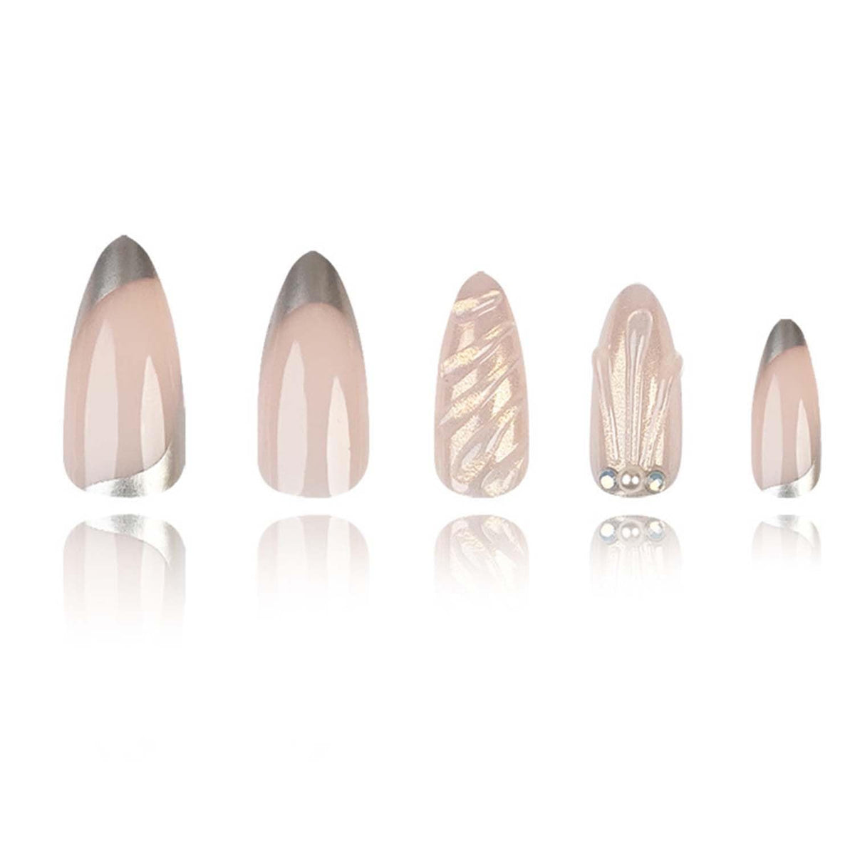 Medium Press On Nails Almond Fake Nails 3D With Pearls Design French Tip False Nails Nude Acrylic Full Cover Glue On Nail Reusable Stick On Nail For Women Manicure Art 24pcs