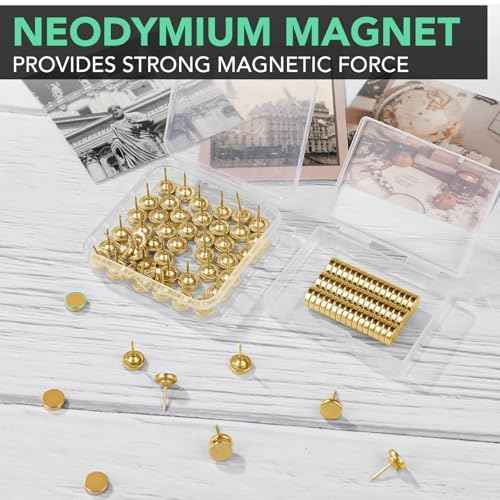 E BAVITE 20 Set Magnetic Push Pins,Flat Push Pin, Magnetic Thumb Tacks for Wall Bulletin Board Poster and Photo Hangers (Gold)