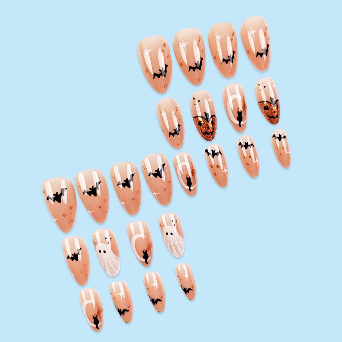 24Pcs Halloween Press on Nails Medium Almond,NEWSPIED Black Cat Bat Pumpkin Ghost Fake Nails Nude Pink Designs Glossy Full Cover False Nail Cute Artificial Halloween Glue on Nails for Women Girls