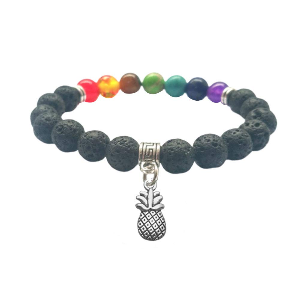 JczR.Y Seven Chakra Gemstone Bracelet Handmade Lava Rock Stone Beads Bracelet Stretch Adjustable Pineapple Charm Natural Healing Crystal Stones Yoga Prayer Fashion Jewelry(Lava Rock Chakras)