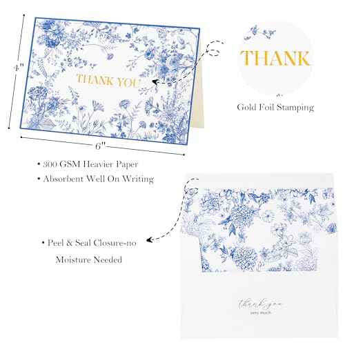 Crisky 100 Pack Blue Floral Thank you cards Gold Foil Greeting Notes Bulk with Envelopes & Stickers for Birthday, Baby Shower, Bridal Shower, Wedding, Graduation