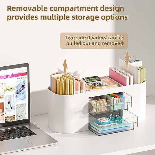 Marbrasse Desk Organizer Pen Holder for Desk with 3 Drawers, Multi-Functional Pencil Holder, Desk Organizers and Accessories with 7 Compartments for Home, School, Classroom(White)