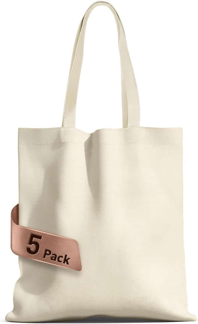 5 Pack Standard 14"x15" Premium Canvas Tote Bags, Load 55lbs, Reusable bag made of 6oz of natural canvas with Handles for Gift-Giving, Work, DIY Projects, Shopping