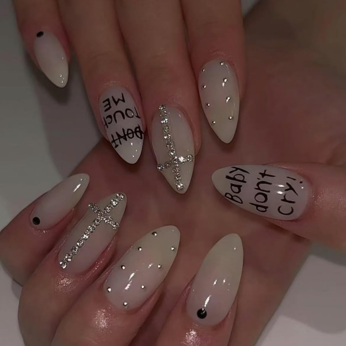 Handmade Almond Press on Nails French Tips Long Fake Nails with Cute Pearl Charms Design French Nude Pink Acrylic Nails Almond Shaped Artificial Nails for Women Girls Manicure Tip 10Pcs (MT-140-M)