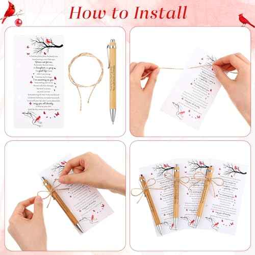 Janlaugh 150 Set Memorial Funeral Favors Include Cardinal Prayer Cards and Bamboo Ballpoint Pens Funeral Pocket Token for Guest Sympathy Remembrance Gifts for Loss of Loved One