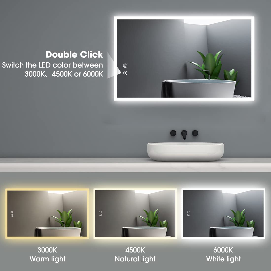 Evokor 40 x 24 Inch Led Smart Bathroom Mirror with Lights, Anti Fog, White/Warm/Natural Light, Dimmable, Lighted Vanity Mirror Wall Mounted, CRI92, IP54 Waterproof (Horizonal & Vertical