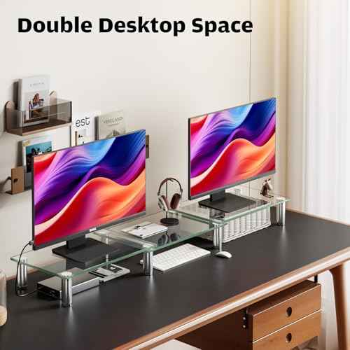 Hemudu Dual Monitor Stand -Adjustable Length and Angle Dual Monitor Riser, Desktop Organizer for PC, Computer, Laptop (Clear)