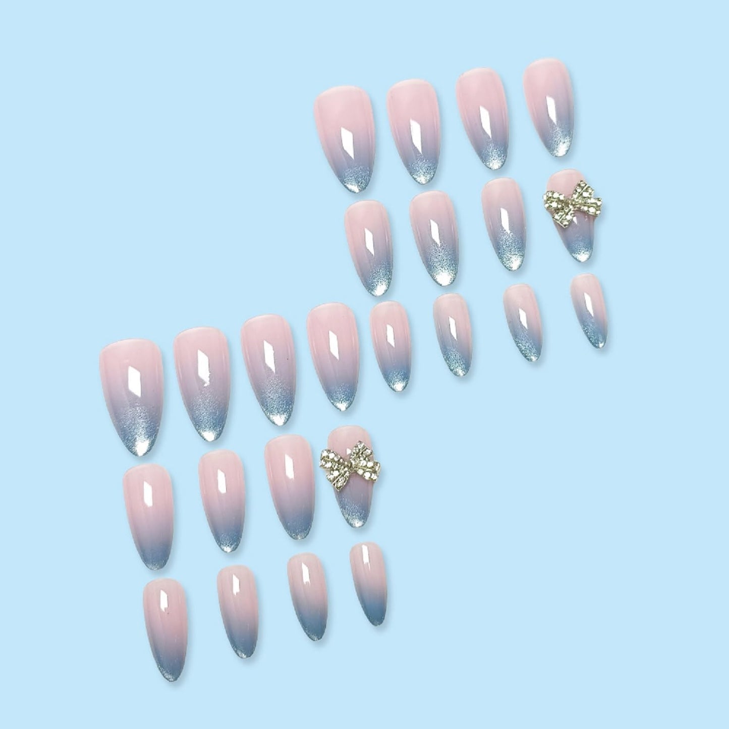 Medium Press On Nails Almond Fake Nails Gradient Glitter With Bow Charms Design Nude False Nails Acrylic Full Cover Glue On Nail Reusable Stick On Nail For Women DIY Manicure Decoration 24pcs