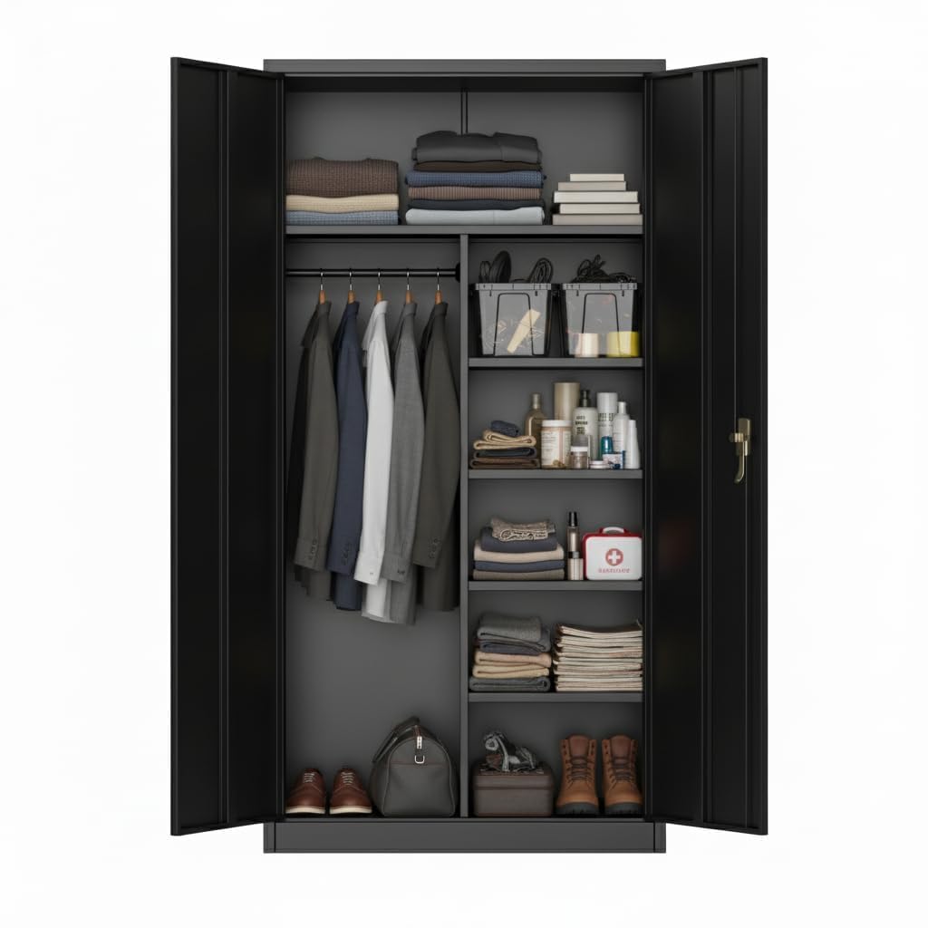 PeacefulHues Steel Wardrobe Cabinet with Locking Doors, Adjustable Shelves & Hanging Rod, Large Metal Storage Closet for Clothes, Tools, Garage, Home, Gym, Government, Easy Assembly