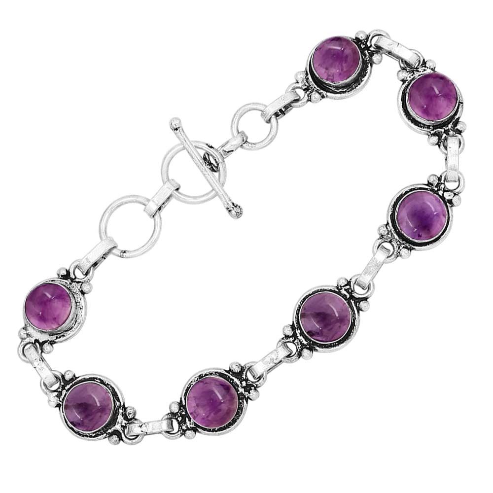 Natural Amethyst 925 Silver Plated Round Gemstone Adjustable Bracelet for Women - February Birthstone Bohemian Vintage Style Handmade Jewelry Bracelet - Gift for Her
