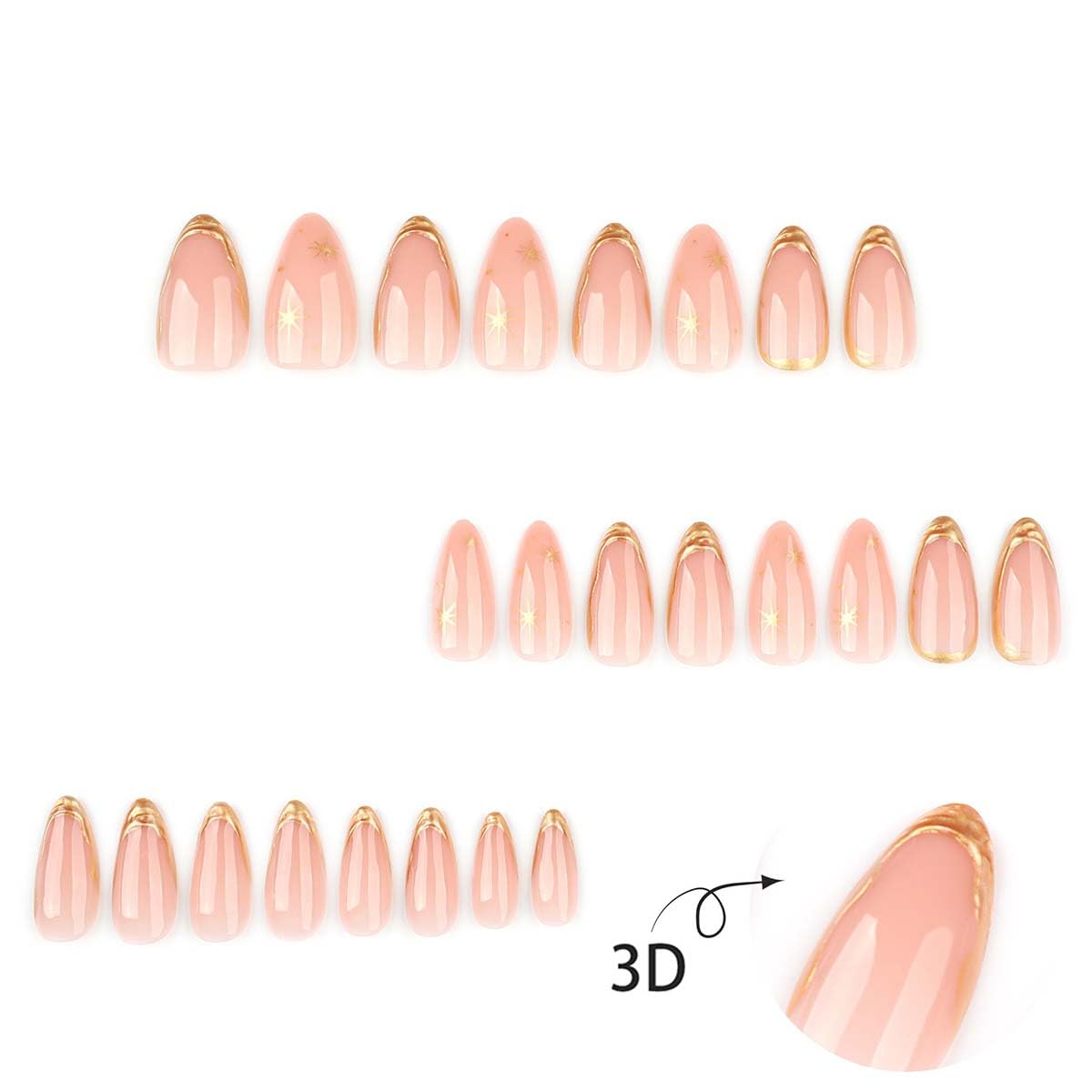 Gold French Tip Press On Nails Medium Almond Fake Nails 3D Gold With Star Design Nude False Nails Full Cover Reusable Glossy Stick On Nail Glue On Nail For Women Girls Manicure Decorations 24pcs