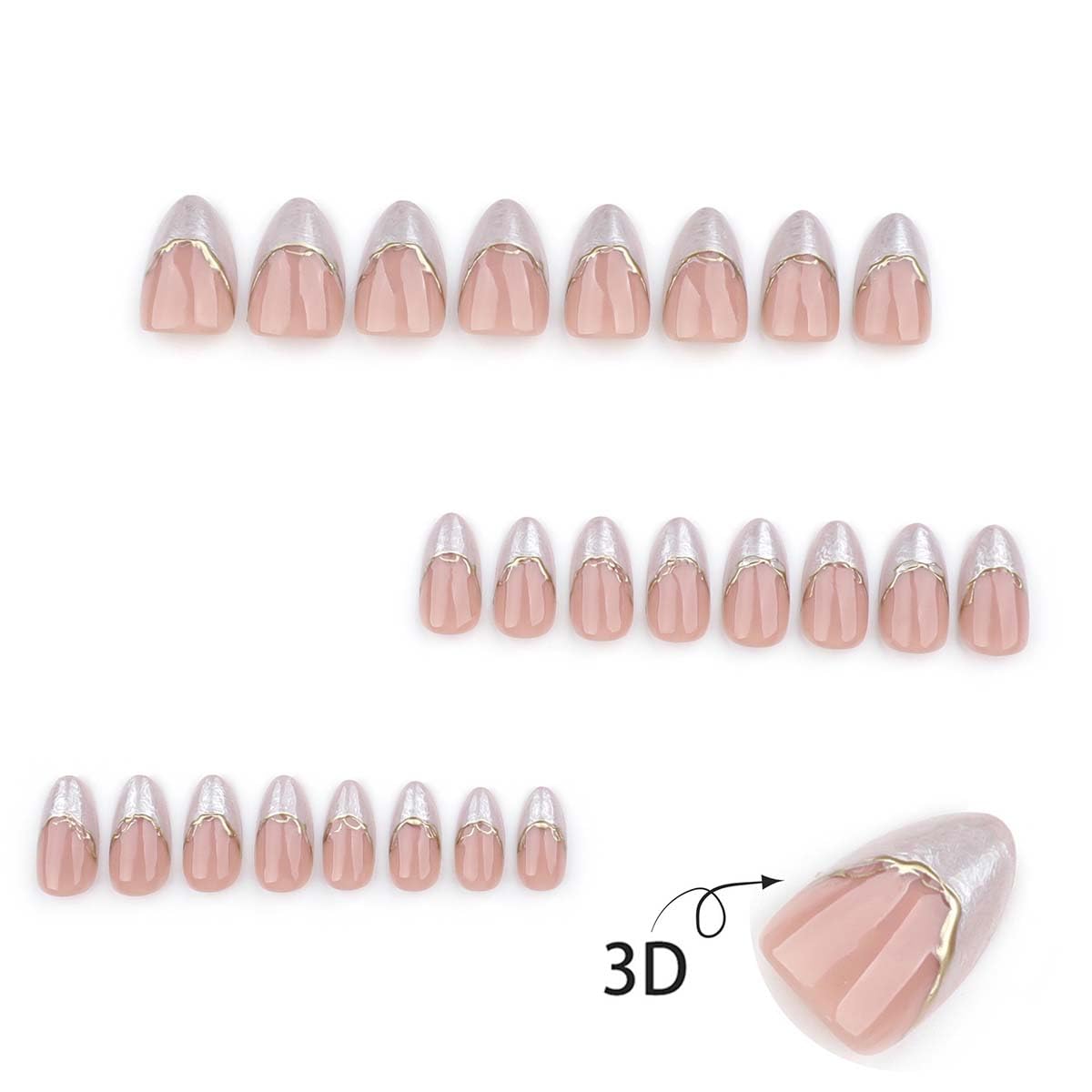 French Tip Press On Nails Short Almond Fake Nails With 3D Gold Lines Design Nude False Nails Glossy Glue On Nails Reusable White French Acrylic Nail Full Cover Nail Tips For Women 24pcs