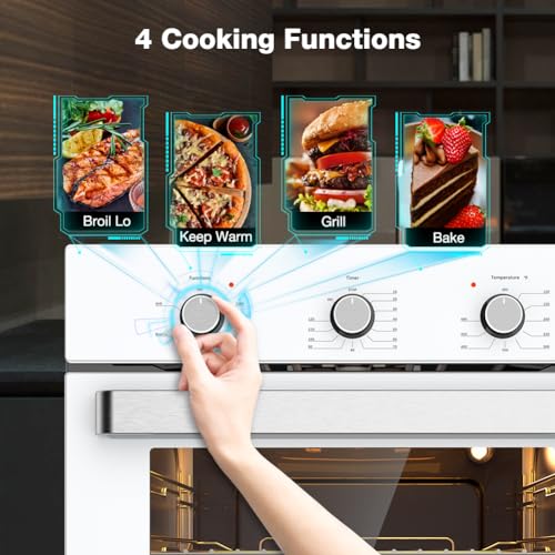 24" Single Wall Oven, ThermoMate 2.8 Cu.ft. Electric Wall Oven with 5 Cooking Functions, White Built-in Ovens with Mechanical Knobs Control, ETL Certified