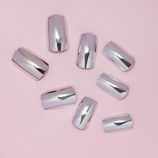 Silver Press on Nails Short Square Fake Nails Metal Chrome False Nails Press ons Glossy Silver Mirror Acrylic Nails Full Cover Holographic Metal Chrome Glue Stick on Nail for Women Manicure 24pcs