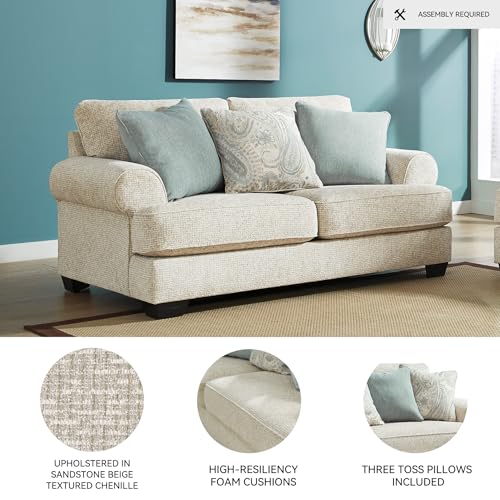 Signature Design by Ashley Monaghan Vintage Loveseat with Accent Pillows, Reversible Cushions and Rolled Arms, Beige