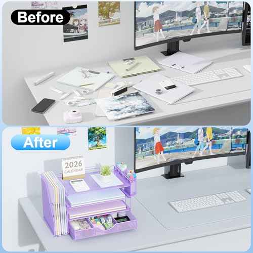 gianotter Desk Organizers and Accessories with File Holder, 4-Tier Desk Accessories & Workspace Organizers with Drawer and 2 Pen Holder, Paper Organizer for Office Supplies (Purple)