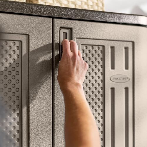 Suncast Tall Storage Cabinet, Platinum Resin Garage Storage Cabinet with Doors & Shelves, Lockable, Freestanding Utility Closet for Tools & Supplies, Made in USA