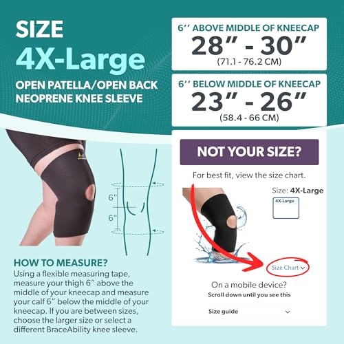 BraceAbility XXXXL Plus Size Open Patella/Open Back Neoprene Knee Sleeve | Water-Resistant Athletic Compression Knee Brace for Swimming, Wakeboarding, Scuba Diving, Surfing (4XL)