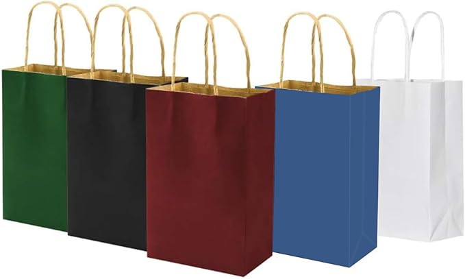 bagmad 100 Pack 5.25x3.25x8 Inch Small Paper Bags with Handles Bulk, Gift Paper Bags, Kraft Birthday Party Favors Grocery Retail Shopping Craft Takeouts Business Sacks (Multi)