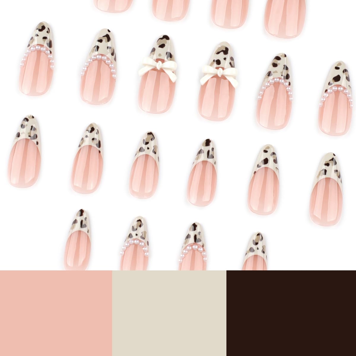 Medium Press on Nails Almond Fake Nails French Nails Press ons with White Pearls,Bow Design,Full Cover Stick on Nails for Women Manicure,Reusable | Artificial | Nail Sticky Tabs | Easy Apply | 24 Pcs