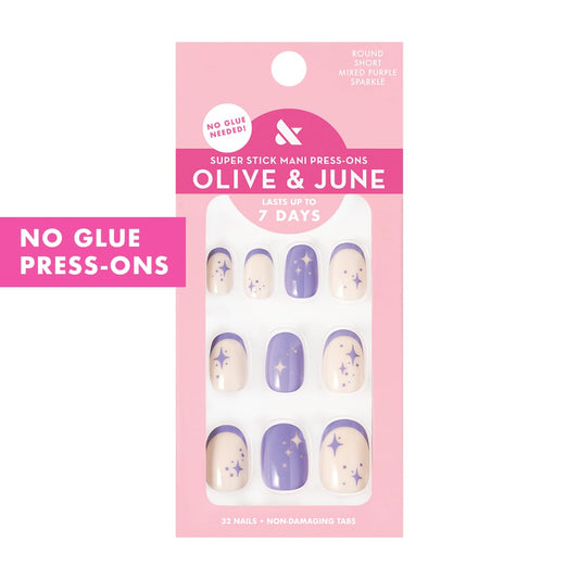 Olive & June Classic Super Stick Mani Press On Nails | No Glue Needed | 32 Tab Nails 16 Sizes | Non-Toxic Tabs Easy On-Off Non-Damaging Realist Look | 7-Day Wear | Short, Round | Mixed Purple Sparkle