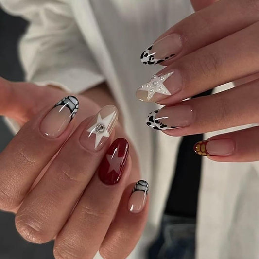 Almond Press on Nails Medium - French Tip Fake Nails with Leopard Print Design - Red, White Star False Nails Press ons -for Women 24 Pcs