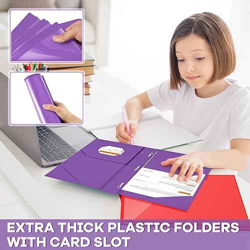 Henoyso 48 Pcs Plastic Folder with Clear Front Pocket and 3 Prongs Heavy Duty Plastic Folders with Card Slot Pocket Folders with Prongs for School Office Home(Multicolor)